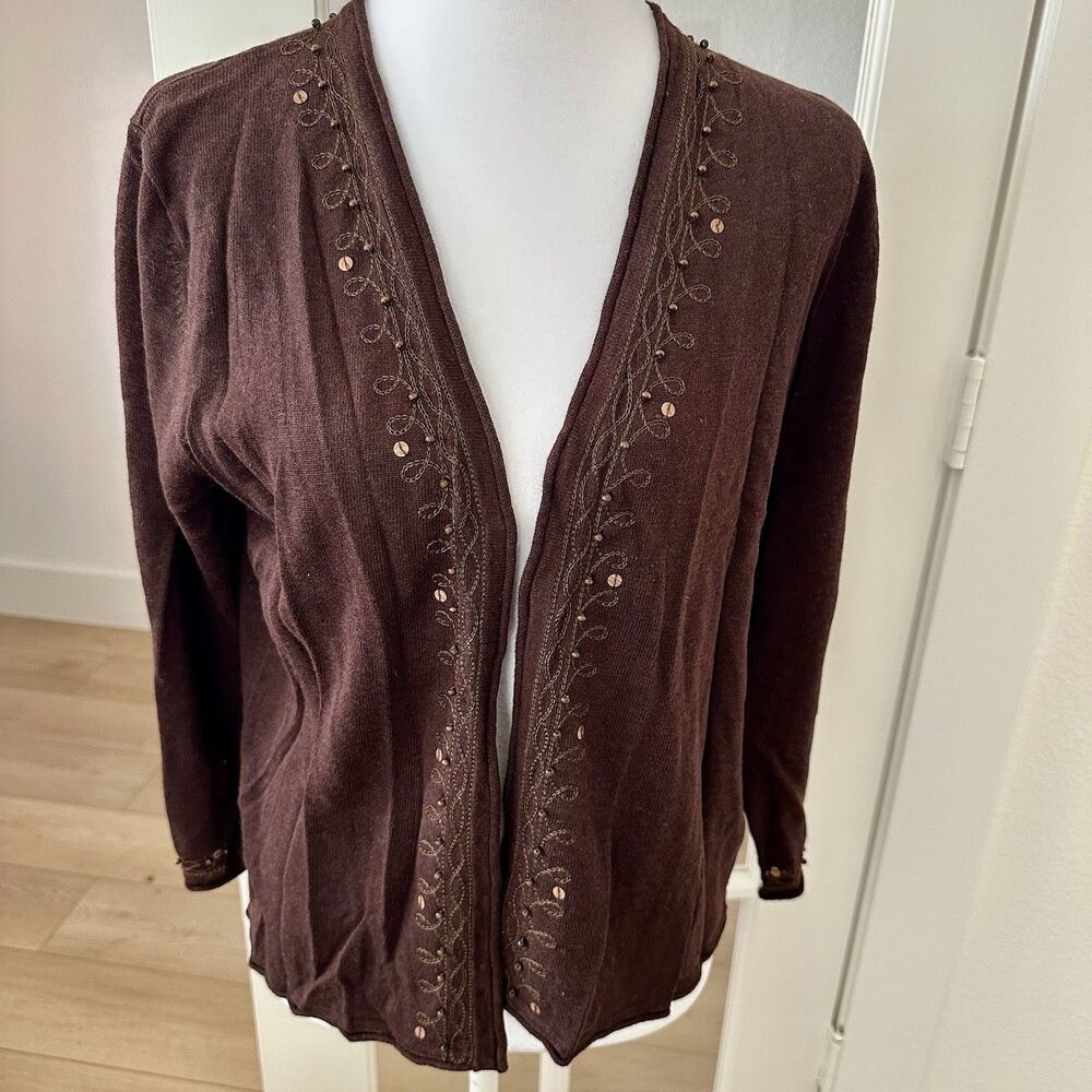 Vtg Norton McNaughton Brown Embroidered Beaded Cardigan Sweater Sz L Women